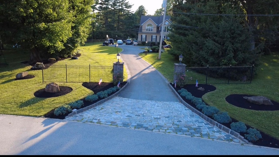 Aerial view of the mulched driveway entrance in West Chester, PA