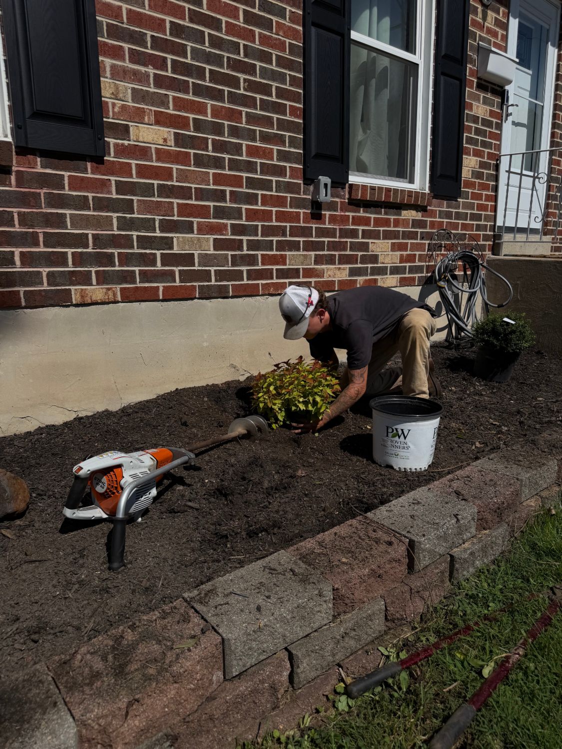 Crew member planting a shrub into the new bed during installation